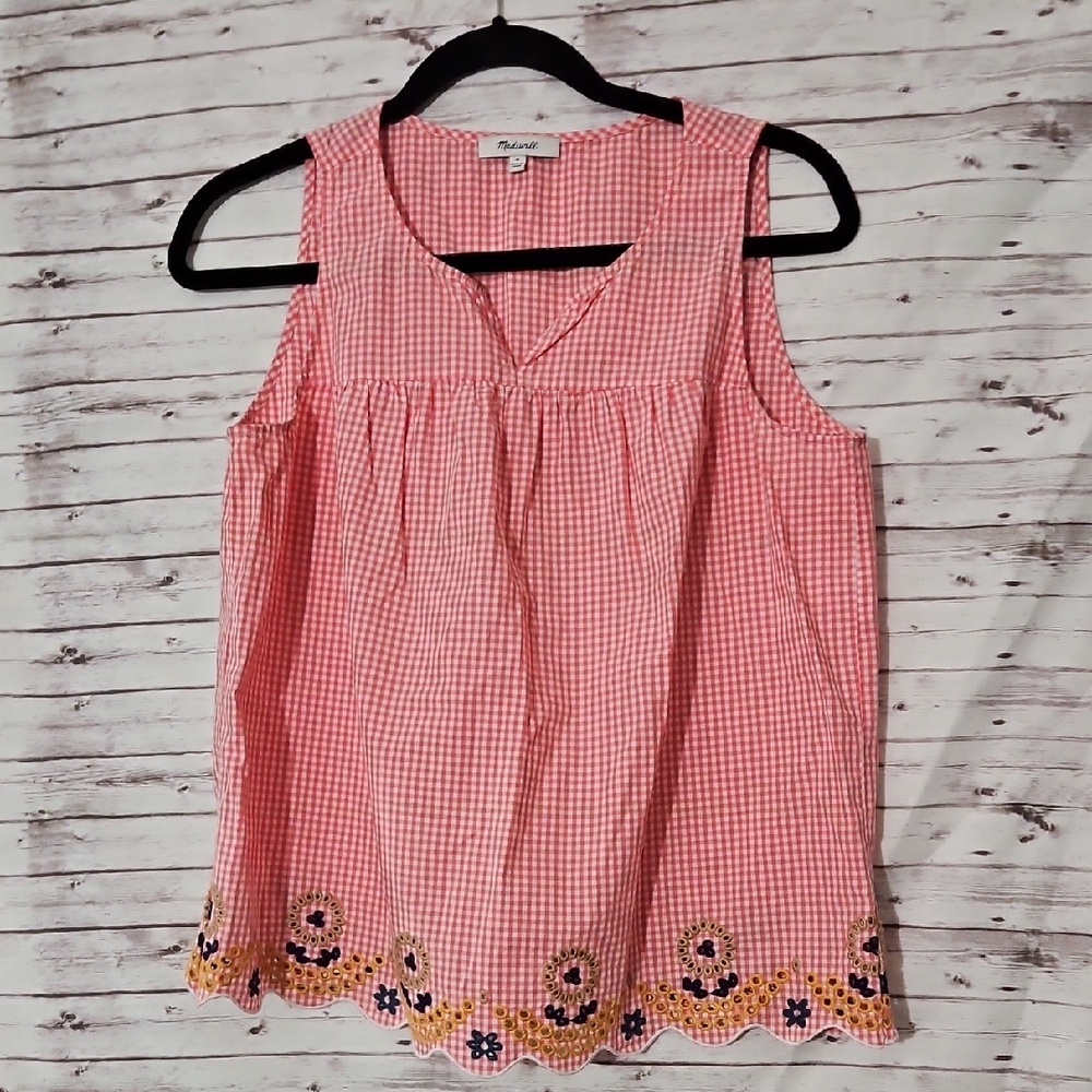 Madewell Pink Gingham Embroidered Blouse